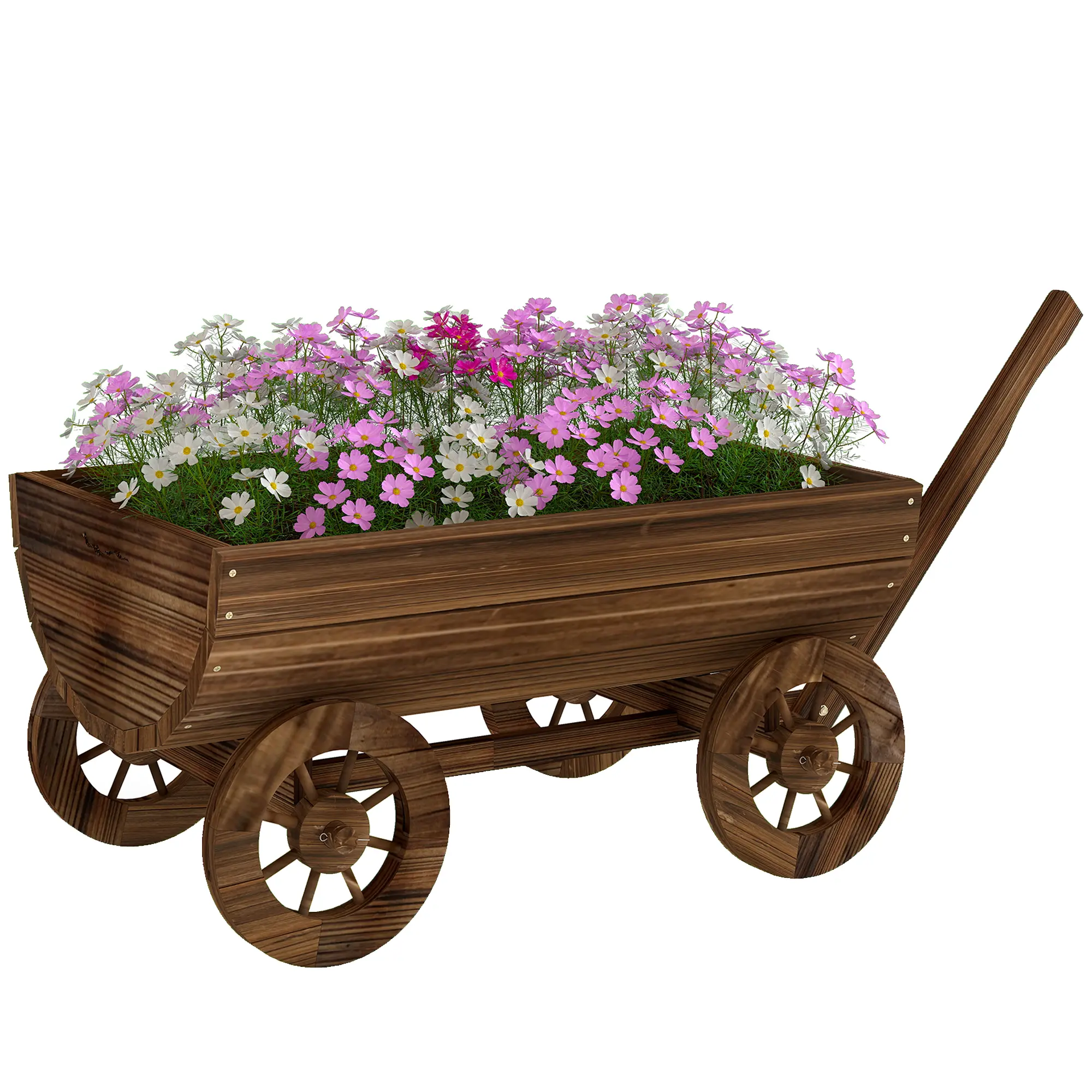 Carbonized Fir Wood Wagon Planter Box - Mobile Garden Wheelbarrow Cart with 4 Rolling Wheels, Handle, Drainage Hole, Large Growing Space, Weather Resistance - Vintage Farmhouse Home Improvement Decor for Porch, Patio
