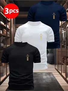 3 Piece Sporty Fashion Letter Print T-Shirt Set, Soft Breathable Polyester Round Neck Tee, Dakine Casual Comfortable Clothing