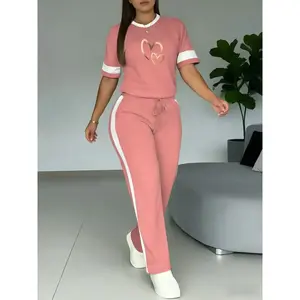 Women's plus size fit fashionable casual gradient heart-shaped printed round neck short sleeved T-shirt and straight leg pants setRAIMENTRY