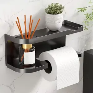 Wall-Mounted Double-Tier Storage Rack with No-Drill Tissue Box, Toilet Paper Holder and Accessory Shelf, Maximizes Counter Space, Perfect for Bathroom and Kitchen