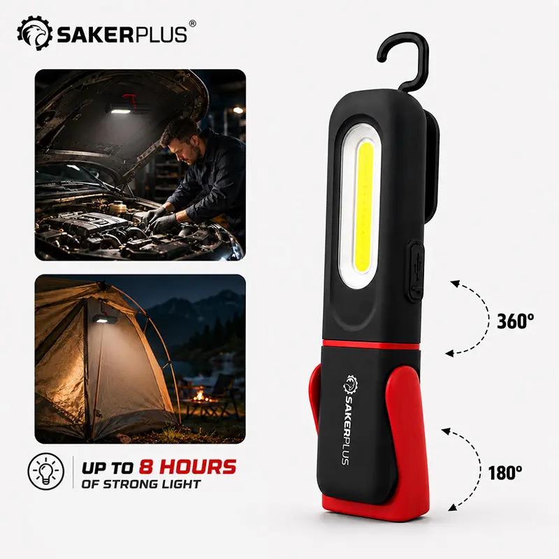 SAKERPLUS Rechargeable Work Light, 3000LM COB LED Magnetic Mechanic Light with 360° Swivel Hook, 180° Adjustable Stand, Flashlight Mode, USB-C Charging, IP54 Water-Resistant for Car Repair, Garage & Camping