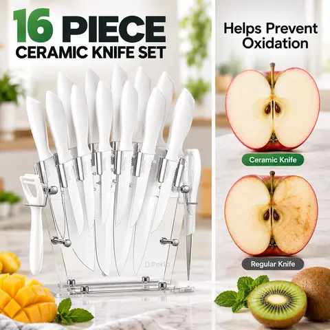 D.Perlla 16-Piece Kitchen Knives Set with Acrylic Block, Sharpener, High Carbon Stainless Steel Non-Stick Blade, Ergonomic Soft Handle, Stylish White Weddings Gift-Ready Kitchen Upgrade