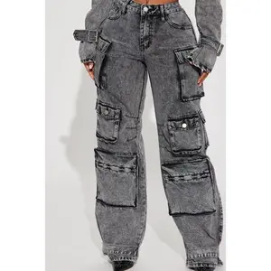 Billie Low Slung Cargo Jeans Acid Wash Black 9 Cotton Denim Loose Fit with Cargo Pockets Functional Snap Tab at Ankle Women's Garment