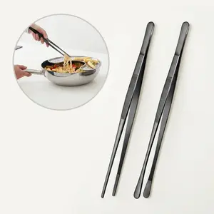 2 Pcs 12 Inch Kitchen Tweezers Tongs, Stainless Steel Chef Cooking Tweezers with Precision Serrated Tips, Professional BBQ Plating Serving Tongs for Meat, Salad, Grill, Dessert & Kitchen Food Handling, Black