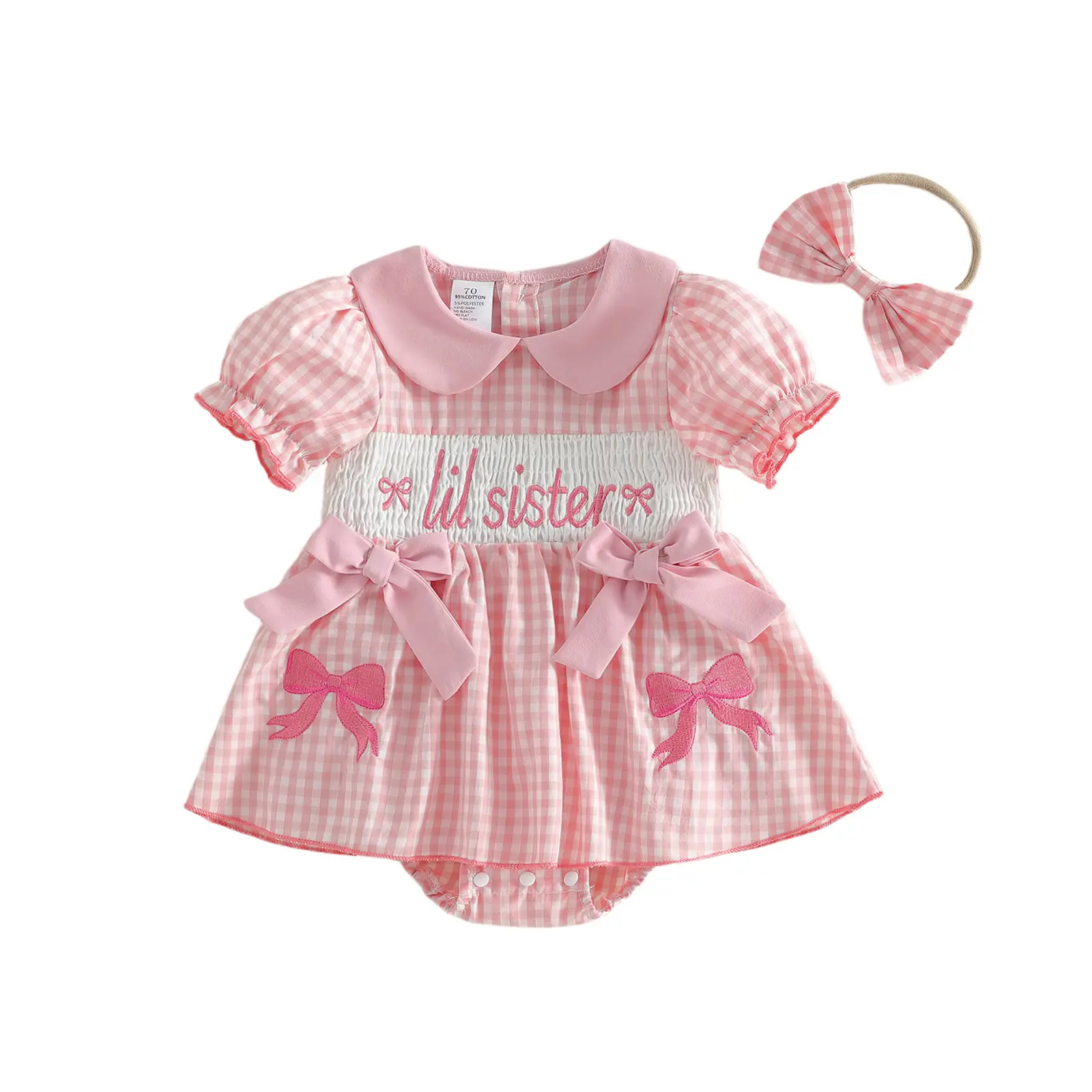 Newborn Baby Girl Summer Outfit Bow Smocked Bubble Romper Doll Collar Plaid Bodysuit Fly Sleeve Jumpsuit Clothes