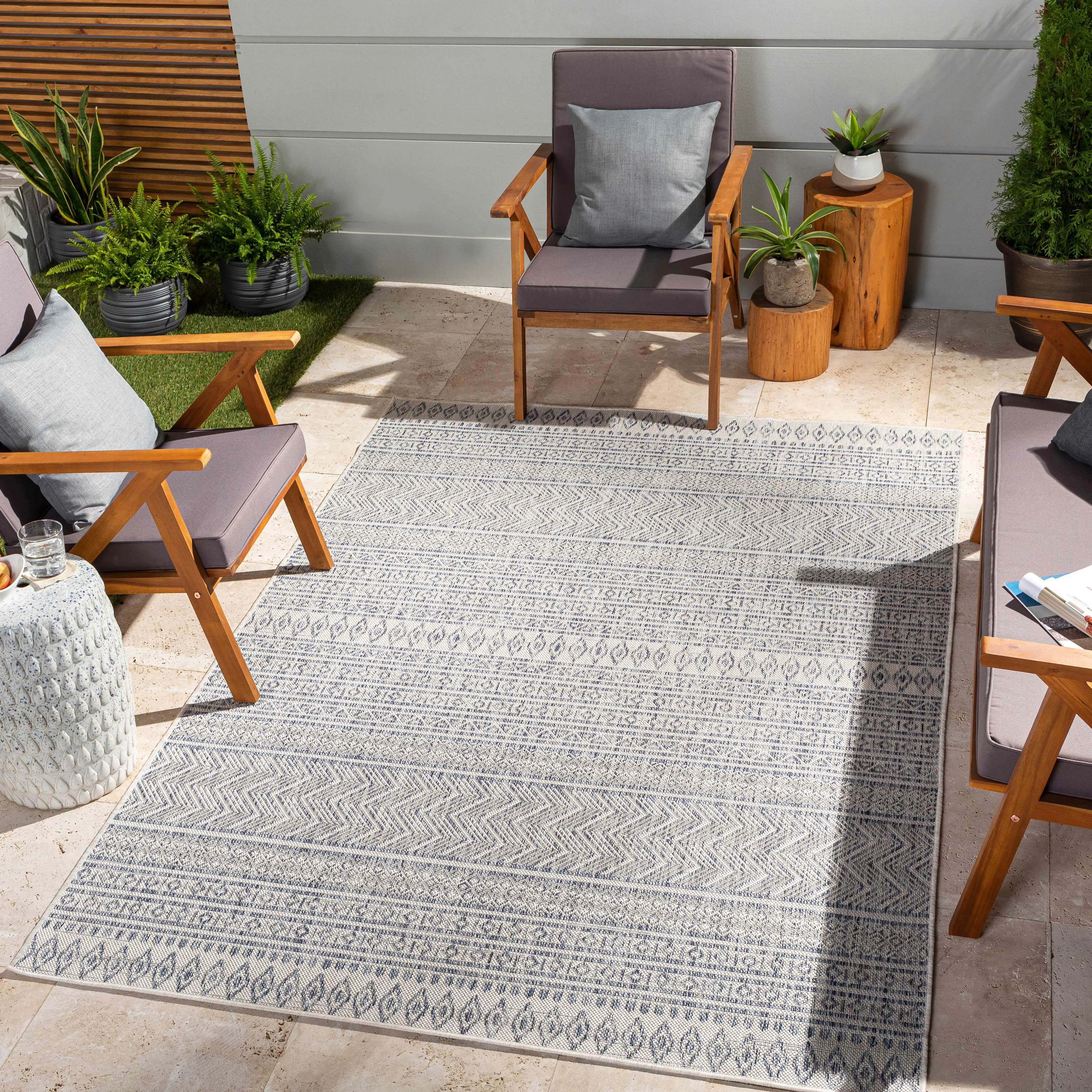 Madras Navy All Over Performance Rug, Weather-Resistant Materials, Suitable for Dining Room, Kitchen, Outdoor & Various Room Types, Water Resistant, All-Over Print, Indoor/Outdoor