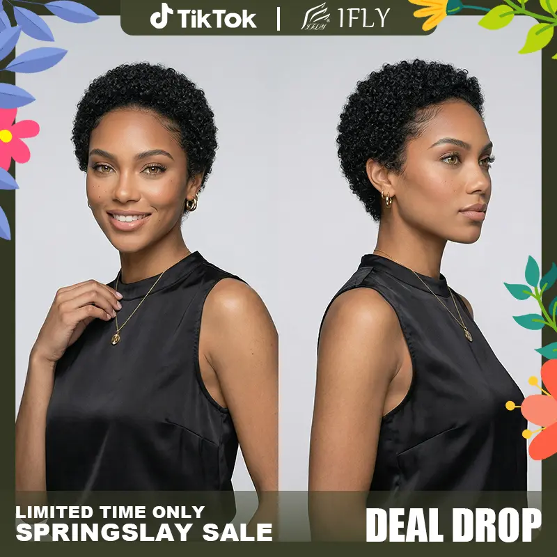 【Flash Sale】IFLY Afro Coco Glueless Non Lace Short Curly   Wig with Bangs 100%   1B Color for Black Women Natural Look Daily Use Soft Bouncy Durable Easy Install Human Hair
