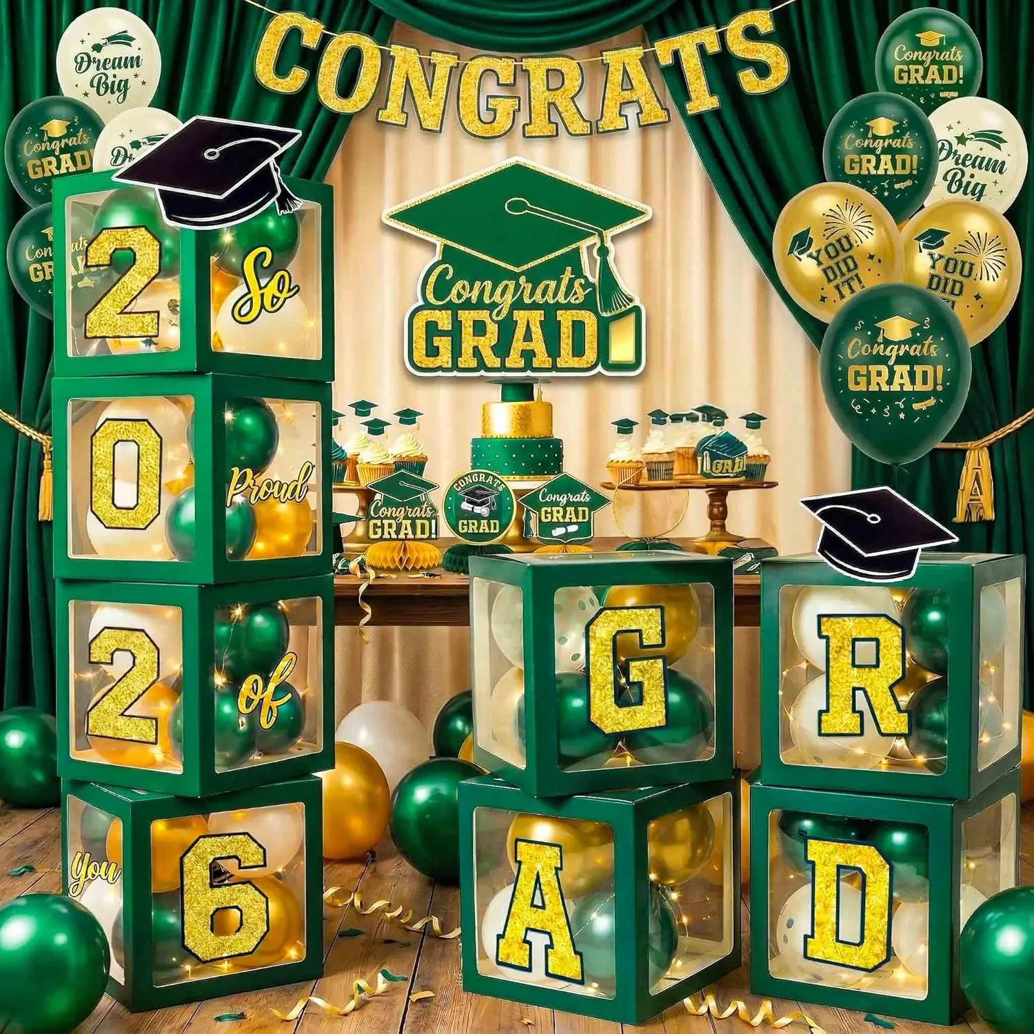 Graduation Decorations Class of 2026 Green and  Balloon Boxes and Arch Garland Kit for High School & College, Congrats Grad Table Decorations with 4 String Lights and GRAD So Proud of You Letters
