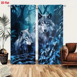 2D Flat 2-Pack Gray Wolf Theme Blackout Curtains, Blue-Hued Forest Misty Atmosphere Curtains with Yellow Eyes Wolves, Thick Fleece Thermal Insulated Drapes for Bedroom Living Room, Cool Tones Nature Patterned Window Curtains