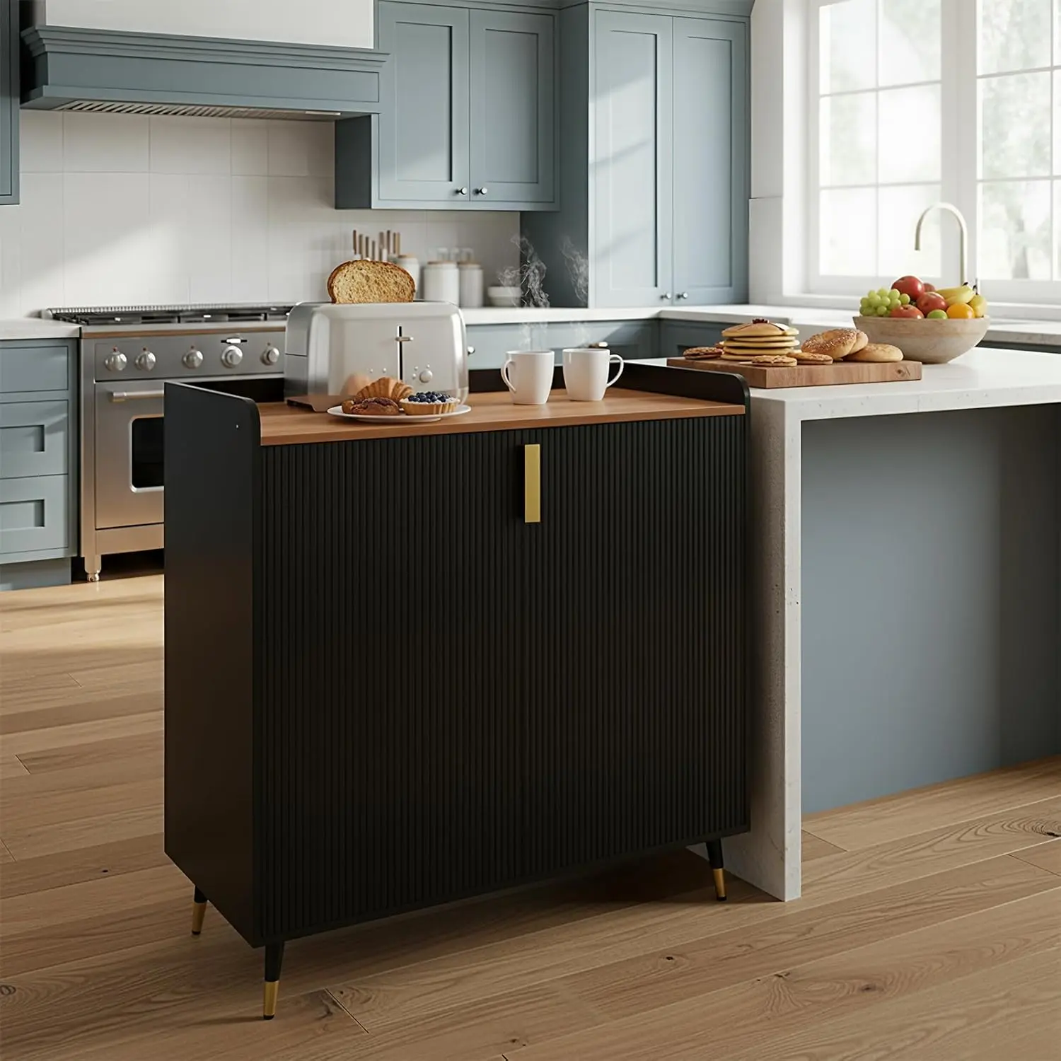 Modern Small Sideboard Buffet - Modern Credenza Cabinet, Storage Buffet with Fluted Doors, Built-in Wine Rack & Glass Holders for Dining Room, Living Room Wine-Coffee Bar, Storage Buffet Cabinet