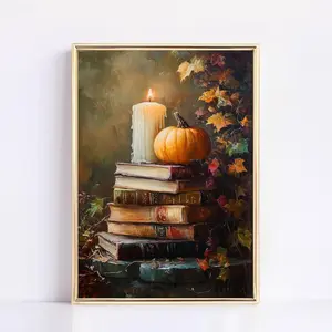 Stack Of Books Fall Print Autumn Home Decor Moody Wall Art Pumpkin Decor Rustic Halloween Wall Decor Cozy Fall Neutral Painting Aesthetic