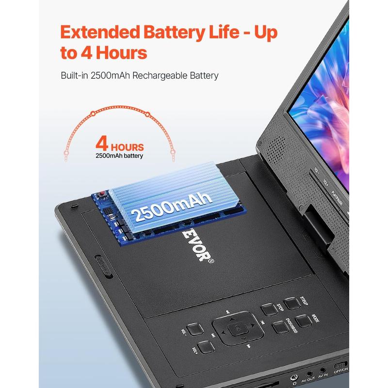 VEVOR Portable DVD Player, 9 inch HD Swivel Display Screen, 4 Hours Built-in Rechargeable Battery, Dual Speakers, Support Sync TV/USB/SD Card/CD/DVD, Car Charger, AC Power Adapter, Remote Control