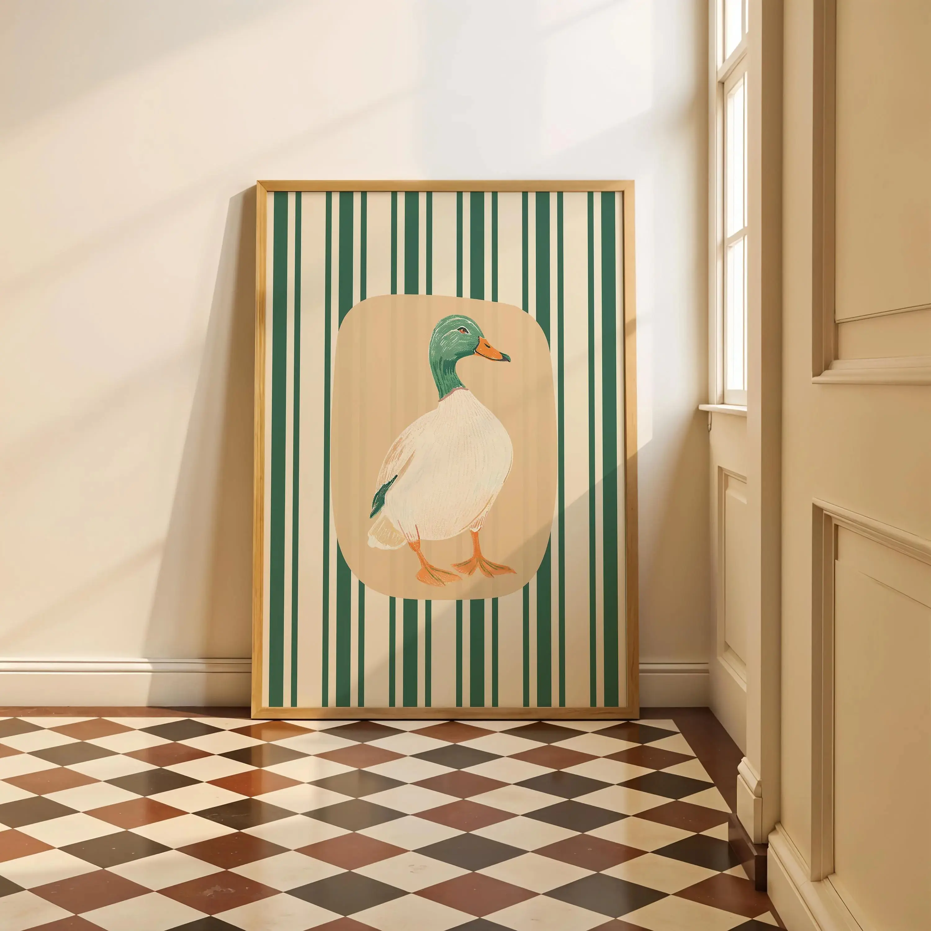 Vintage Mallard Duck Poster Unframed  in Striped Preppy Art for