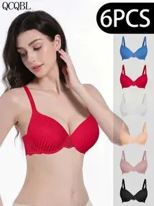 6-Pack Elegant Lace V-Neck Push-Up Bras, High-Waist Steel Ring Deep V-Neck Bra, Smooth Fabric, Suitable for Daily Wear and Special Occasions