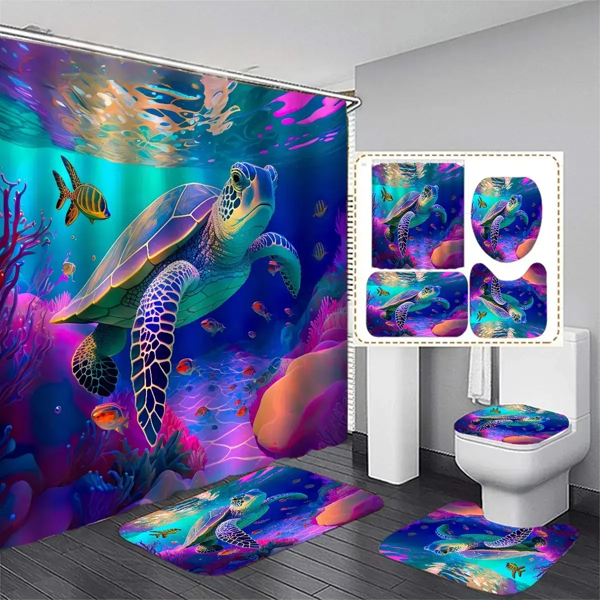 Ahty Colorful Turtle Pattern Bathroom Set, 4pcs/set Including Shower Curtain, Toilet Mat, Bathroom Mat & Toilet Lid Cover, Aesthetic Bathroom Decor, Waterproof Bathroom Decoration Accessories, Shower Curtain Set #GLOBAL PICKS