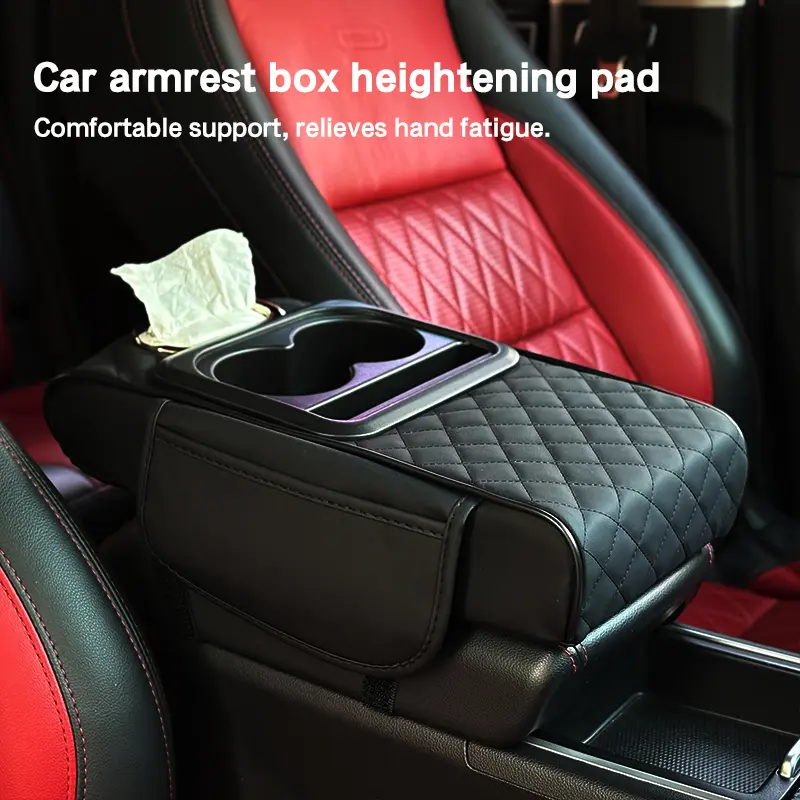 Car Armrest Cushion,5-in-1 Center Console Cover with 2 Storage Bags Cup Holder, Tissue Box Slot, Phone Slot for Sedans, Car Accessories Interior Organizers (Black)