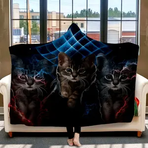 1pc Mystical Cats Hooded Blanket Wearable Poncho Flannel Oversized Soft Cozy Digital Print Multi-Color Warm All-Season Cloak for Lounging Gaming Watching TV Reading Napping Adults Teens Gift