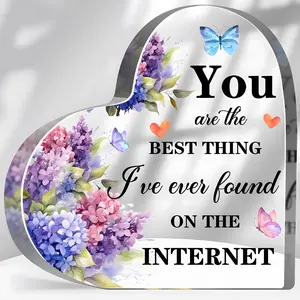 Heart Shaped Acrylic Ornament, Flower Pattern Internet Themed Desktop Decoration, Romantic Gift for Girlfriend, Wife, Husband, Anniversary Gift, Acrylic Plaque Decor
