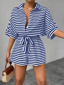 Women's Striped Print Button Belted Romper, Casual Short Sleeve Lapel Neckline Romper for Summer, Fashion Women's Clothes for Daily Wear, Overalls, Boho Fit Romper, Casual Jumpsuits