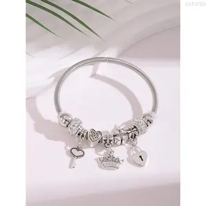 Women's Dainty Beaded Pendant Bracelet, Heart Leaf Lock Design Rhinestone Adjustable Bangle, Minimalist Elegant Fashion Jewelry, Perfect Mother's Day Birthday Holiday Gifts for Daily Wear & Special Occasions