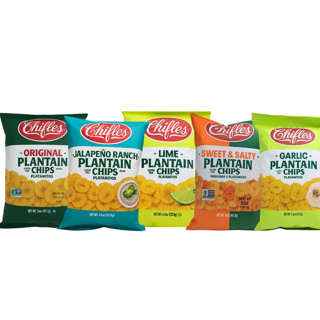 Chifles Plantain Chips Variety Pack - 6 Flavors (Original, Lime, Garlic, Sweet, Salty, Spicy) - Crispy Crunchy Snacks, Snack Variety Box, Salty & Savory, Free Jalapeno Ranch Treat Included