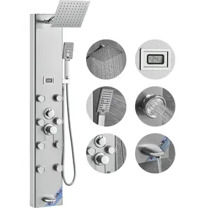 VEVOR Shower Panel System, 5 Shower Modes, Digital Display Shower Panel Tower, Rainfall, 8 Massage Jets, Tub Spout, 3-Setting Handheld Shower Head 59 Hose, Stainless Steel Wall-Mounted Shower Set