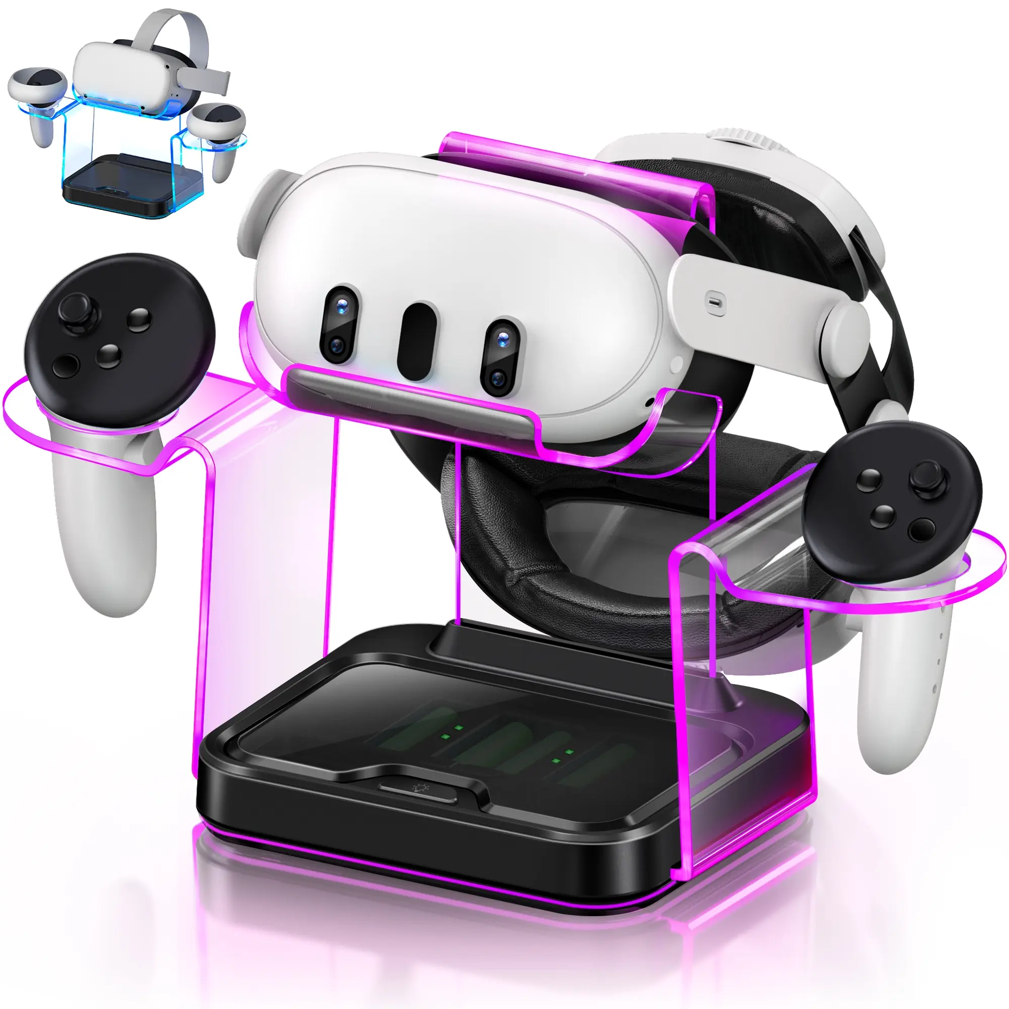BEBONCOOL Aesthetic USB VR Charging Dock with LED, Wearable Headset & Controller Stand Accessories for Meta Oculus Quest 3, Oculus 2, 2 Led Light Modes