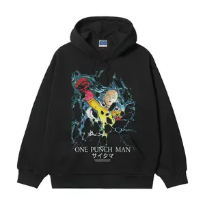 One Punch Man "Saitama" Heavyweight Vintage Hoodie Cotton Blend Classic Anime Sweatshirt Menswear Tops Casual Long Sleeve Black Pullover Operator Biker