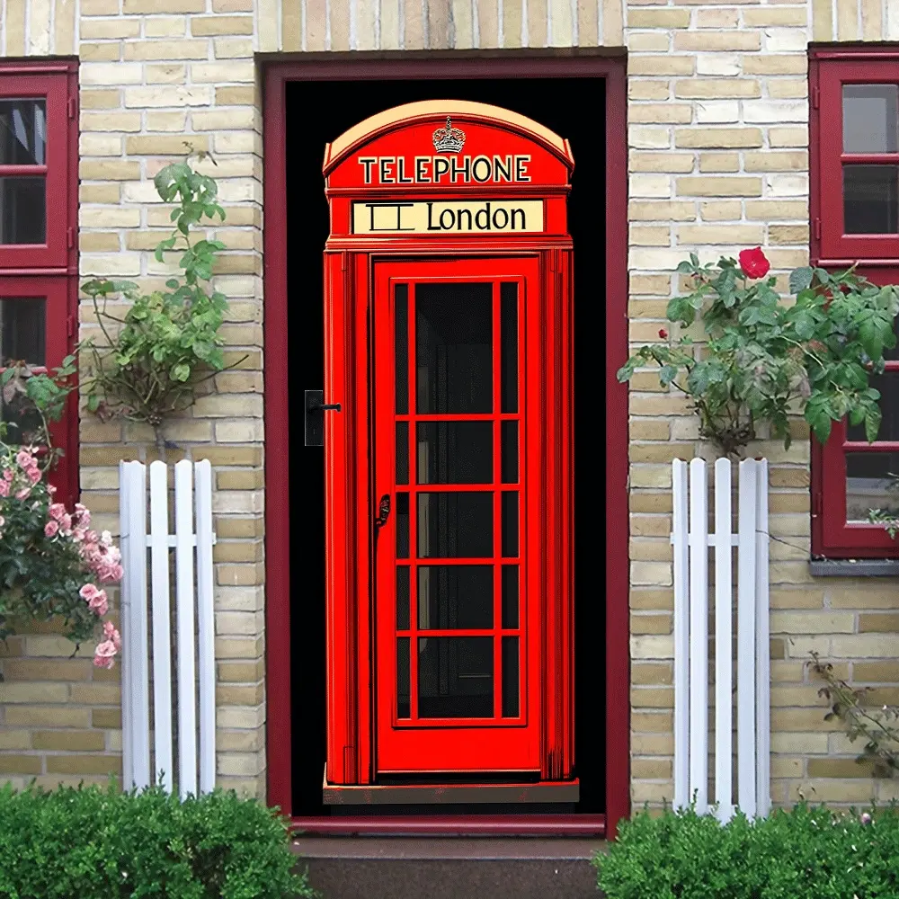 2pcs Vintage British Red Telephone Box Wall Sticker Classic London Street Element Home Decor Sticker Self Adhesive Removable Wallpaper for Living Room Bedroom Waterproof Decorative Wall Mural