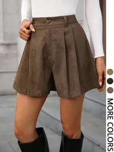 Women's Vintage Corduroy High Waist Pleated Shorts, Slimming A-Line Design, Fall Winter Commuter Streetwear Essential，pleated skirts