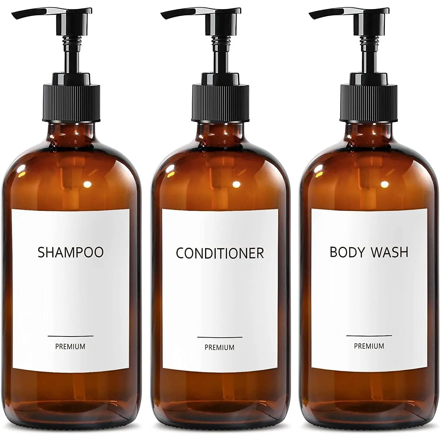 ISUN Glass Shampoo and Conditioner Dispenser, Shower Soap Dispenser Bottles with Labels, Refillable Shampoo Conditioner  Wash Dispensers,  Glass Soap Pump Dispenser Set for Bathroom Shower