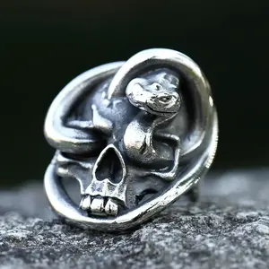 New Men's 316L Stainless Steel Snake Calvarium Skull Ring Gothic Biker Punk Motorcycle Band Jewelry for Gifts