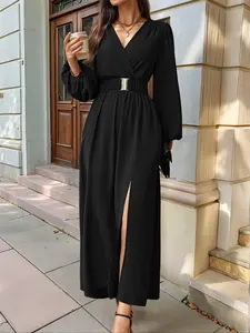 【Plus Size】 Solid Color V Neck Belted Split Hem Elegant Dress, Plus Modest Fashion Long Sleeve Dress for Daily Outdoor Wear, Women Plus Clothing for Summer