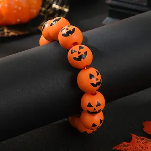 1 Piece Women's Gothic Punk Bracelet - Handmade Recycled Wood Pumpkin Face Print Beads, Elastic Stretchable Halloween Jewelry Suitable Holiday Parties and Year-Round Wear, Festive, Halloween Accessories, Horror Costume Accessories
