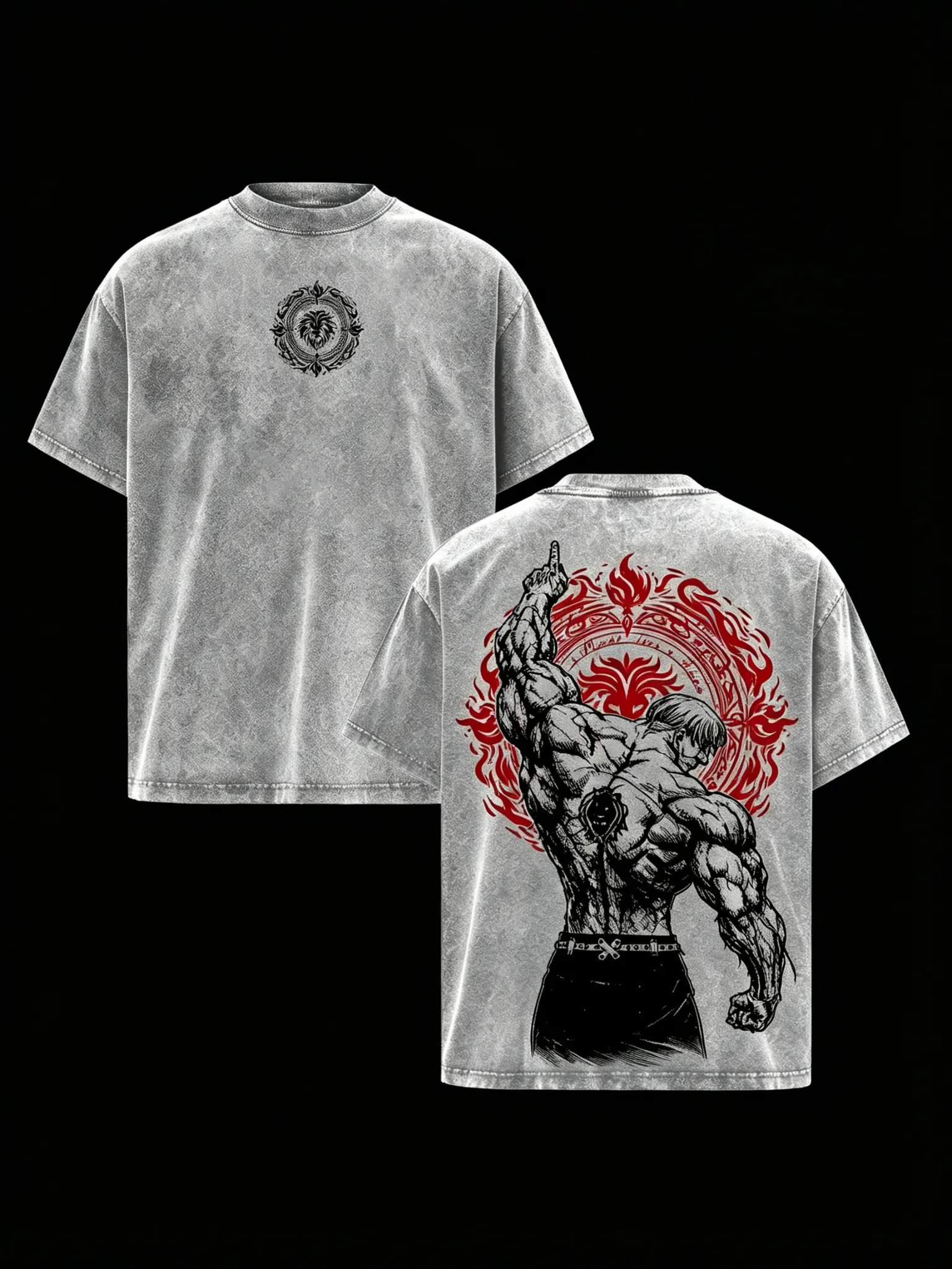 Vintage Washed Escanor Double Sided Print T-Shirt Seven Deadly Sins Lion Sin Of Pride Red Sun Flame Muscle Anime Graphic Oversized Streetwear Casual Tee Unisex Relaxed Fit Stylish Menswear