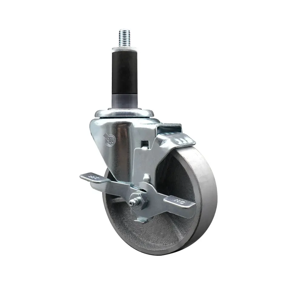 Service Caster SCC-EX20S414-SSS-TLB-118 Series #20 Heavy Duty Metal Casters, 4 in. Silver Furniture Moving Wheel, 300 lbs Capacity, Semi-Steel Cast Iron Body, 1.13 in. Expanding Stem, Top Locking Brake, Swivel Motion, for Work Tables, Shop Projects