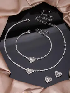 Rhinestone Decorated Heart Shaped Jewelry Set, Including Necklace & Bracelet & Earrings, Fashion Jewelry for Party, Trendy All-match & Exquisite Jewelry for Gift, Matching Jewelry Set