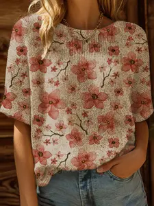 Spring Summer One-Shoulder Knit Top, Colorblock Floral Print Short Sleeve, Boho Beach Style, Casual Elegant Chic Commute, Women's Knitwear, Womenswear