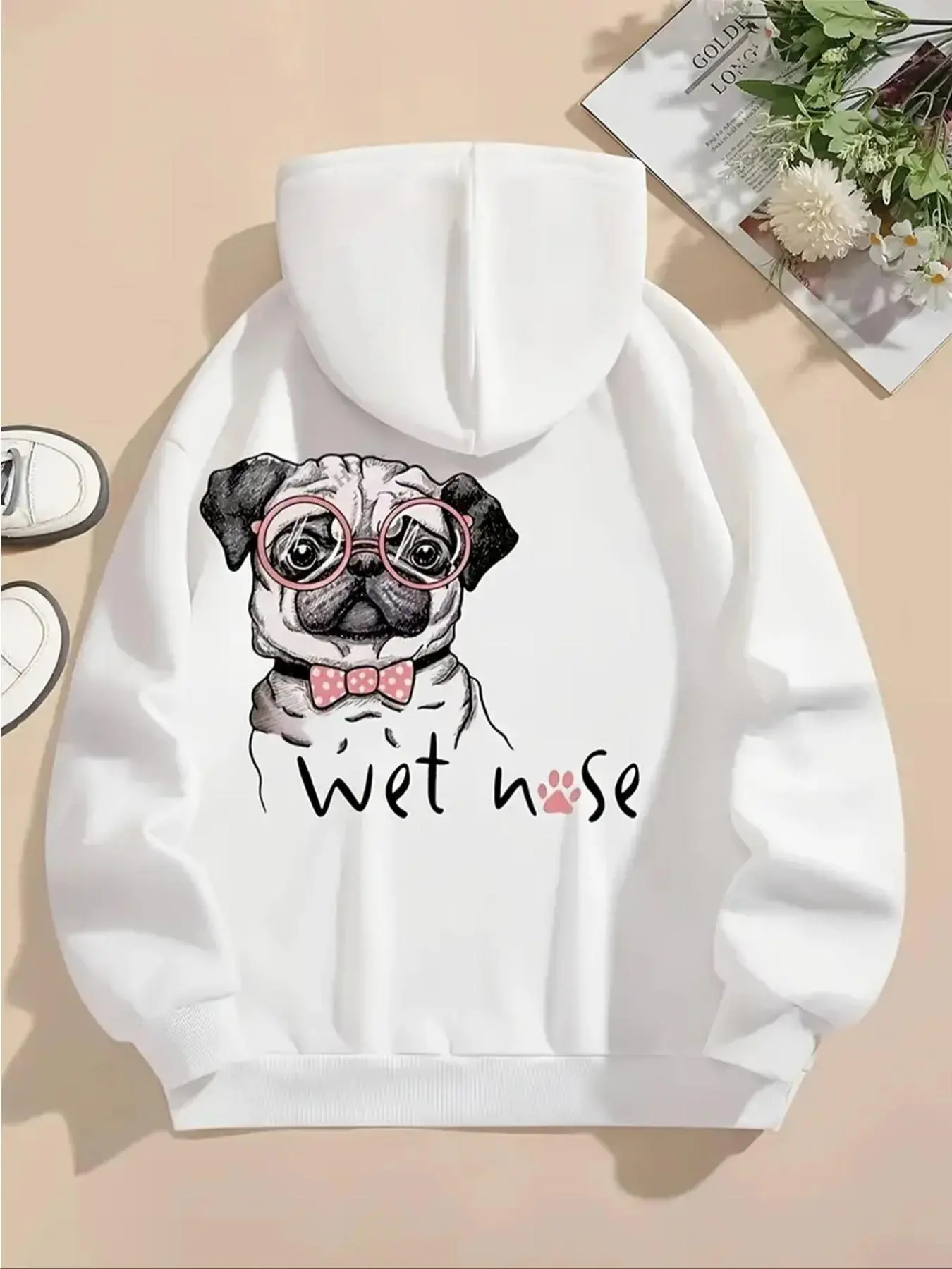 【Plus Size】 Cartoon Pug Dog & Letter Print Drop Shoulder Hoodie, Fashion Casual Drawstring Pocket Hooded Sweatshirt for Daily Holiday Outdoor Wear, Women Clothing for Fall & Winter