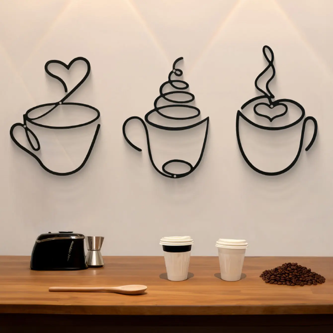 Modern Metal Coffee Cup Wall Art Set, Modern Abstract Design Home Decor for Kitchen & Dining Room, Luxury Iron Sculpture, Living Room Indoor Decoration, Minimalist Modern Decor