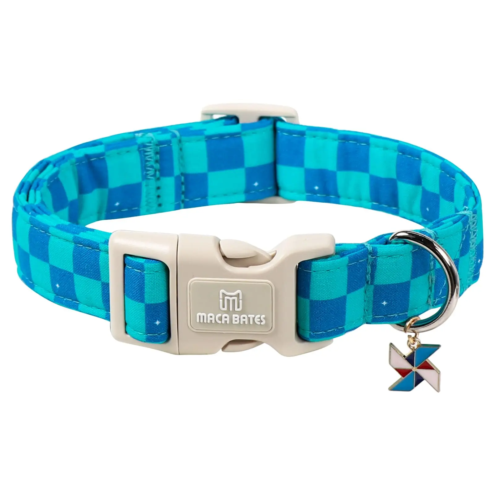 Maca Bates Chew-Resistant Cotton Checkered Dog Collar for Extra Small (8-12 in) Dogs, Adjustable Plaid Collar with Detachable Windmill Charm, Turquoise & Royal Blue, Durable, Easy-Clean, Hand-Wash-Only Non-Customized Puppy Gift