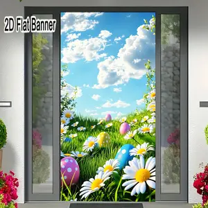 2D flat banner, 1pcEaster Spring Backdrop, Green Grass Daisy Field with Colorful Eggs, Bright Blue Sky & Clouds Decor for Springtime Easter Party Video Backgroundgalentines party decor, valentine day decor, decorations for valentines day