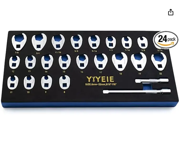 YIYEIE 3/8" Drive Crows Foot Wrench Set, 24PCS Flare Nut Crowfoot Wrench Set, Metric & SAE, 8-22mm & 5/16"-7/8", CR-V Steel, Crows Feet Wrench Set with 2 Extension Bars, Line Wrench Set with EVA Foam wrenches