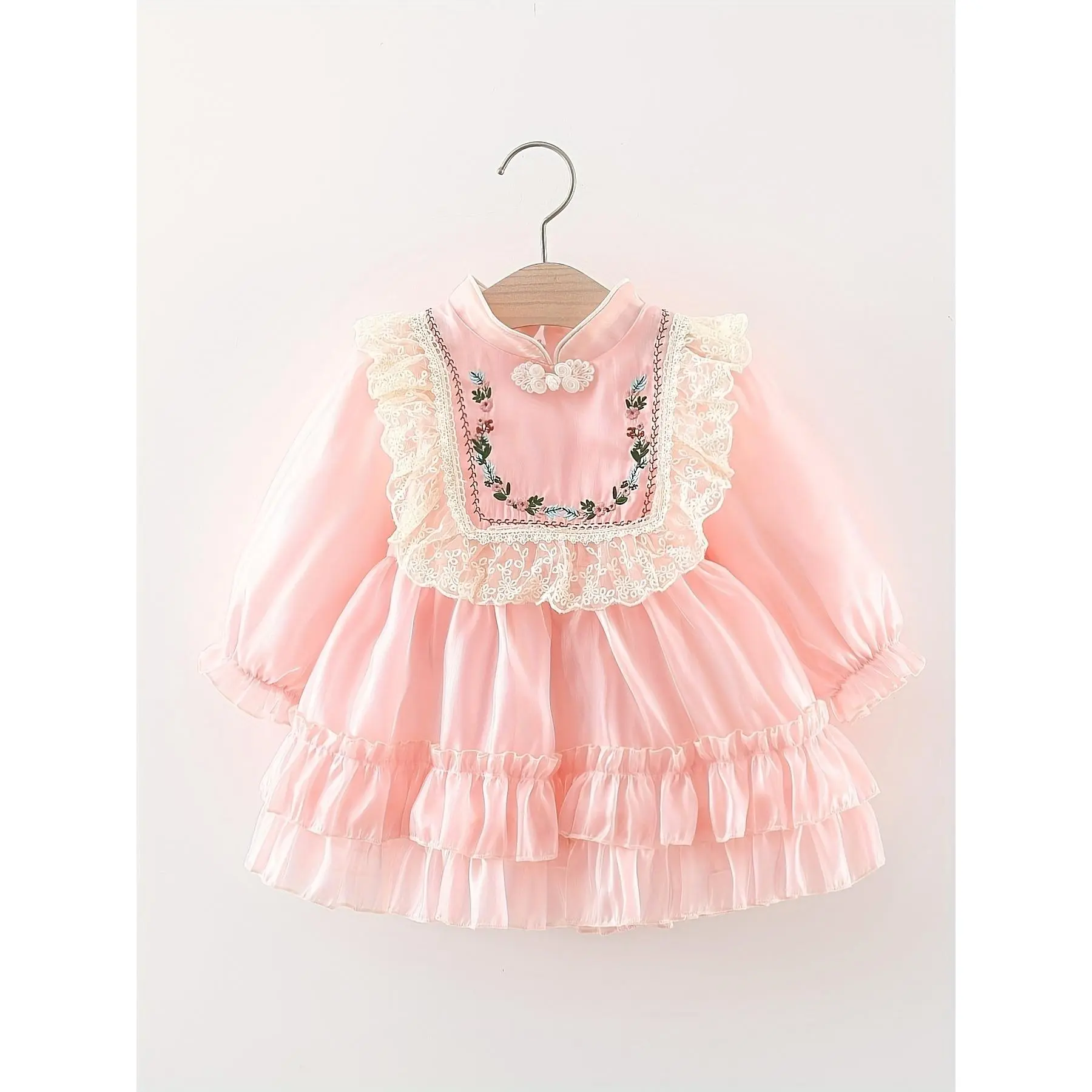 Baby Girl's Woven Vintage Floral Princess Long Sleeve Dress - Polyester Regular Casual Spring Party Gown, 0-3 Years Kids' Clothes, Hand Wash Only, Do Not Dry Clean