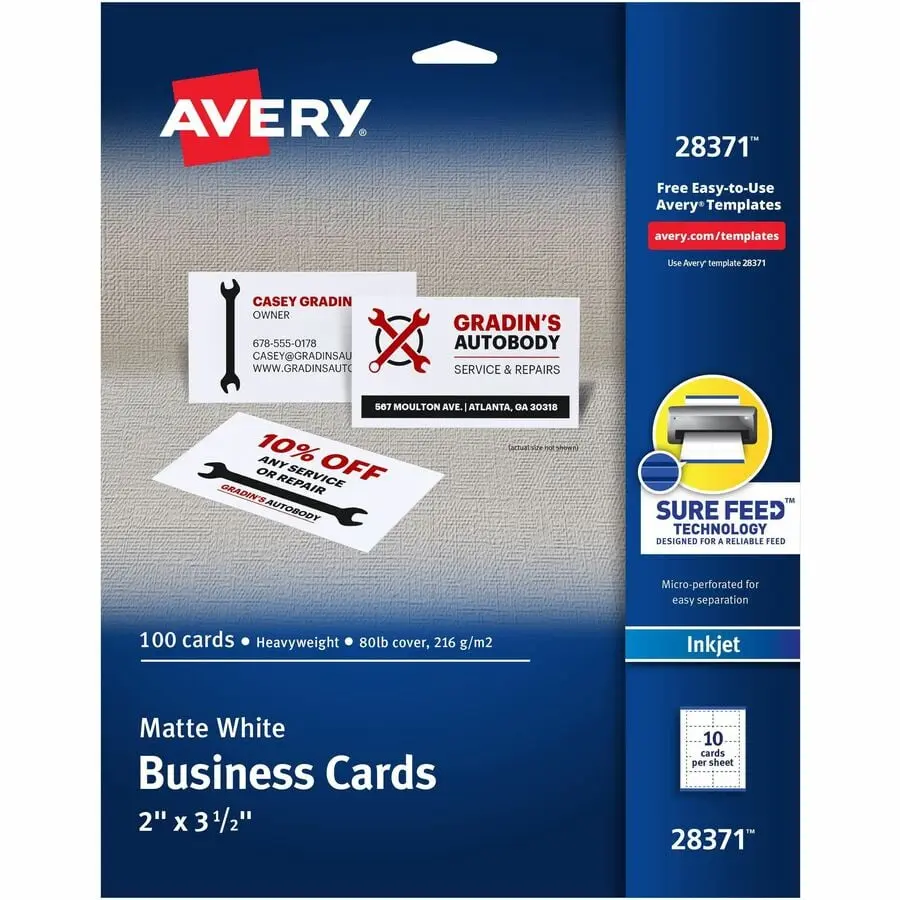 Avery AVE28371 2x3.5 in. Inkjet Printable White Cardstock Paper-Based Business Cards, SureFeed Technology, Free Designs, Easy-to-Use Templates, Appointment Reminder Support - 100 Printed Business Cards