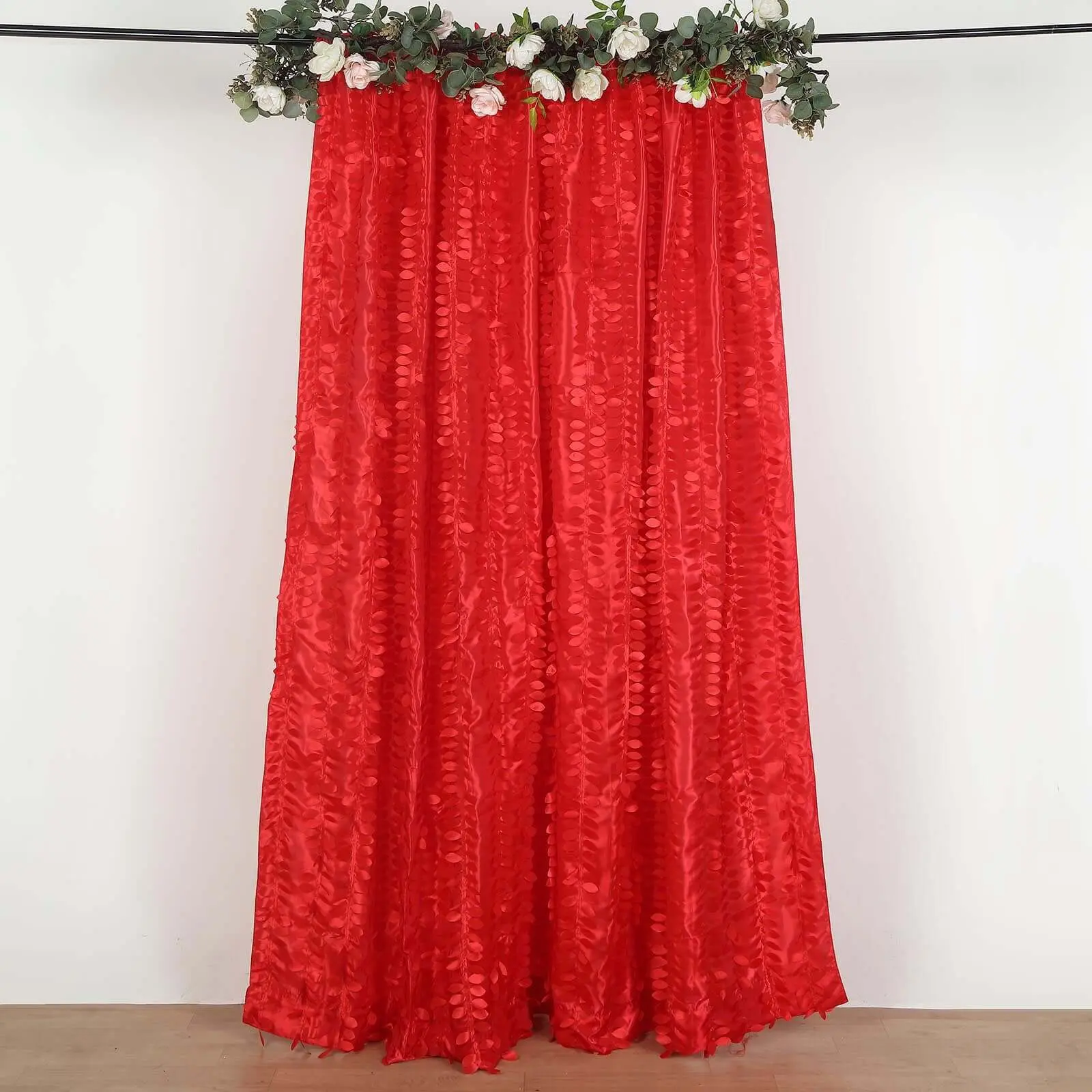 Red 3D Leaf Petal Taffeta Backdrop Drape Curtain - 8ftx8ft Machine Washable Wedding Party Backdrop with Rod Pocket, Photo Booth Divider Panel for Baby Shower, Party Decoration