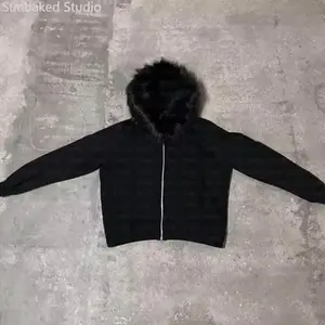 Dark faux fur collar, Harajuku hip-hop zipper hooded sweatshirt, oversized punk zipper hooded sweatshirt, retro rock goth street jacket