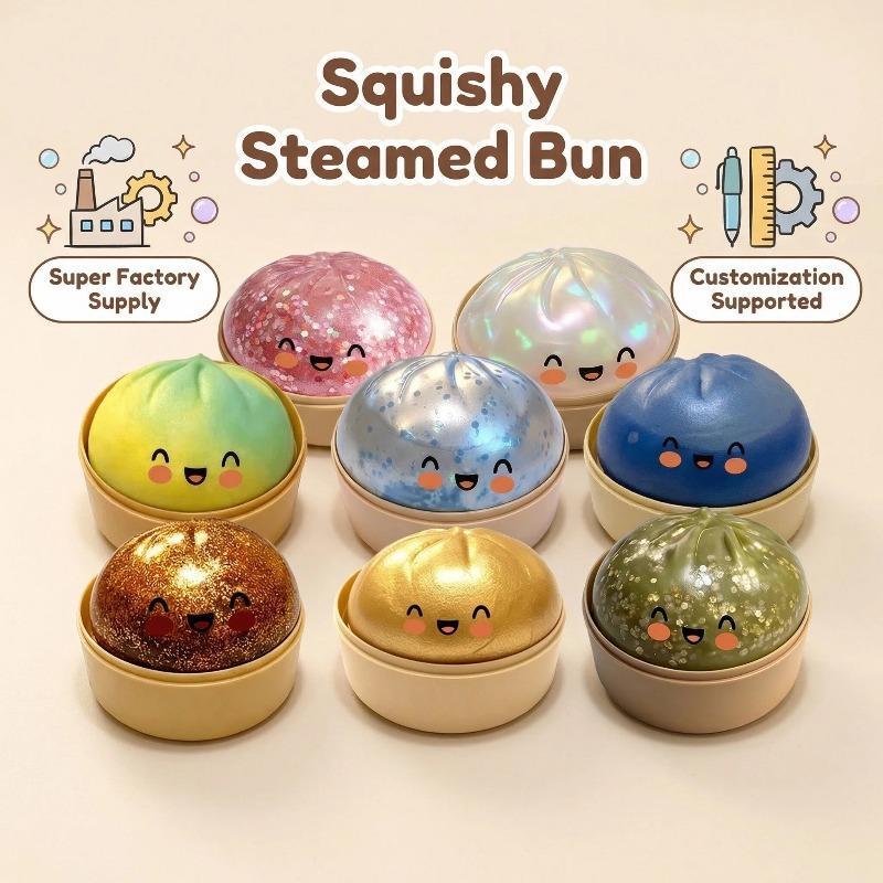 2026 New Glitter Dumpling Squishy with Steamer Box, Soft Sensory Fidget Steamed Bun Squeeze Tool for Adult Stress & Anxiety Relief,