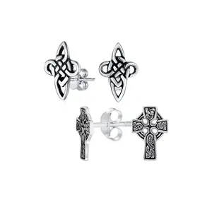 Set of 2 Religious Celtic Cross Stud Earrings Irish Love Knot Oxidized Silver