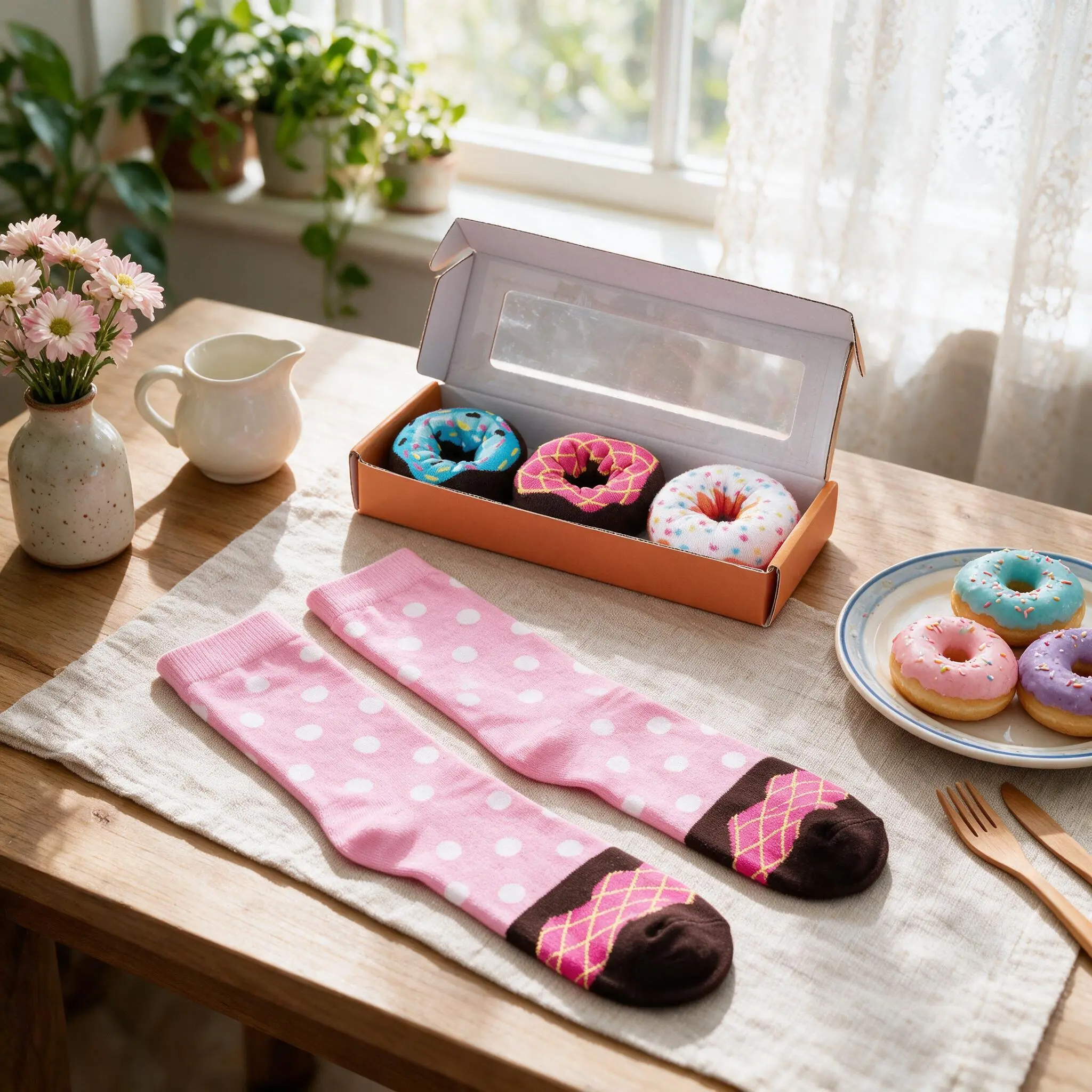 Women's Cotton Blend Crew Socks (3-Pair Gift Box) - Novelty Donut & Candy Fantasy Graphic, Soft Breathable Foldable Fabric, All-Seasons Wear, Ideal Halloween, Thanksgiving, Christmas & Valentine's Day Gift